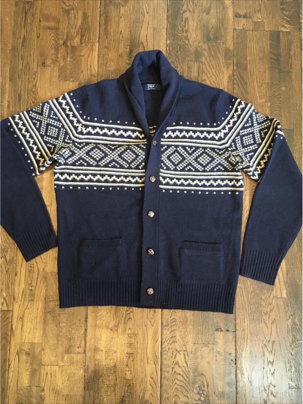 J.Crew Fair Isle Lambswool Cardigan – Men’s Medium – Navy & Tan – EUC